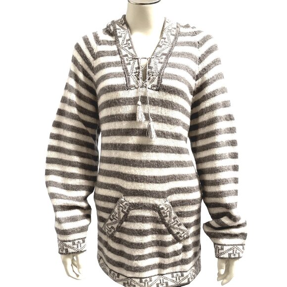 CCC Peruvian Alpaca Hooded Gray White Horizontal Striped Knit Sweater Size Large - Picture 1 of 6